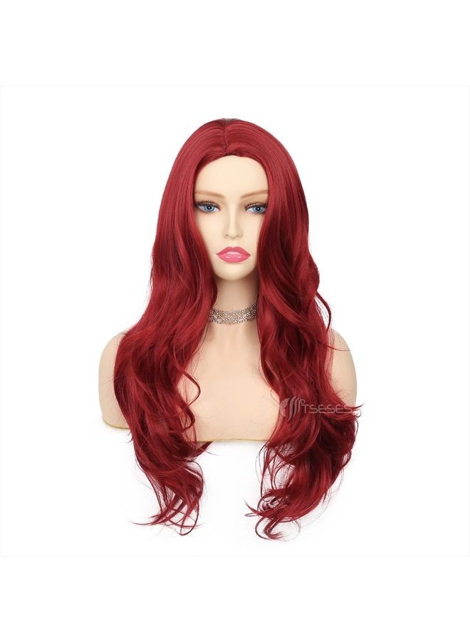 Tseses Red Wigs Long Curly Wavy Wigs for Women Side Part Natural Looking Cosplay Halloween Synthetic Fiber Wig (Red) - Image 2