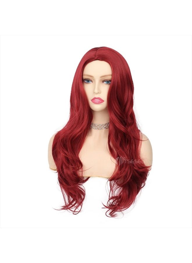 Tseses Red Wigs Long Curly Wavy Wigs for Women Side Part Natural Looking Cosplay Halloween Synthetic Fiber Wig (Red) - Image 3
