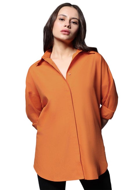 قميص كاجوال نسائي قطن برتقالي كبير بأكمام كاملة