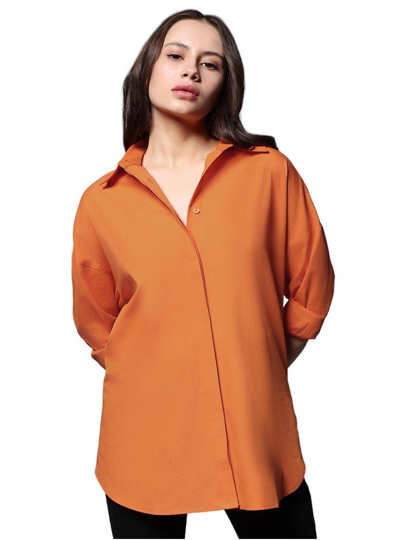 HIGH STAR - Orange Oversized Solid Casual Shirt for Women, Full Sleeves, Cotton - Image 1