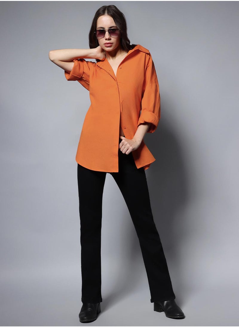 HIGH STAR - Orange Oversized Solid Casual Shirt for Women, Full Sleeves, Cotton - Image 1