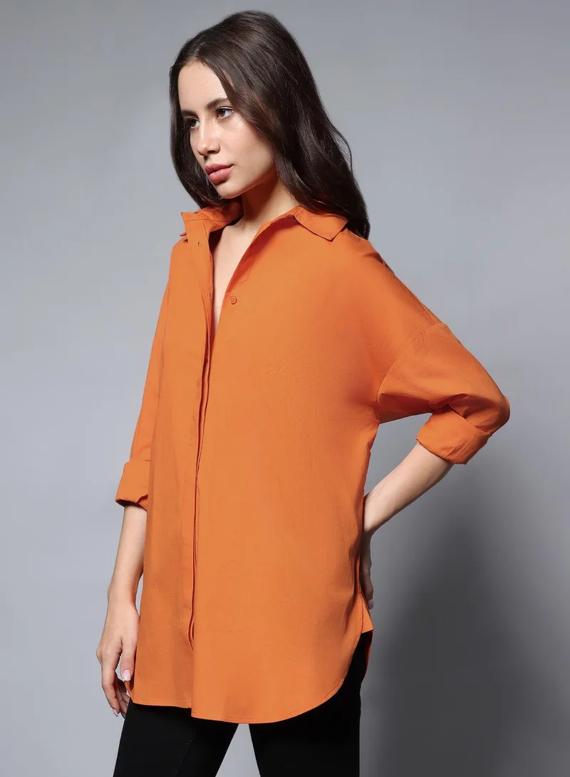 HIGH STAR Orange Oversized Solid Casual Shirt for Women, Full Sleeves, Cotton