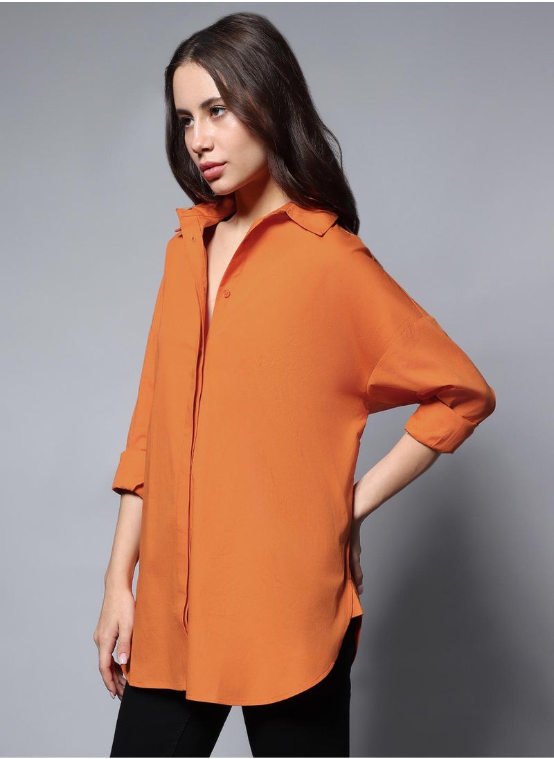 HIGH STAR - Orange Oversized Solid Casual Shirt for Women, Full Sleeves, Cotton - Image 1