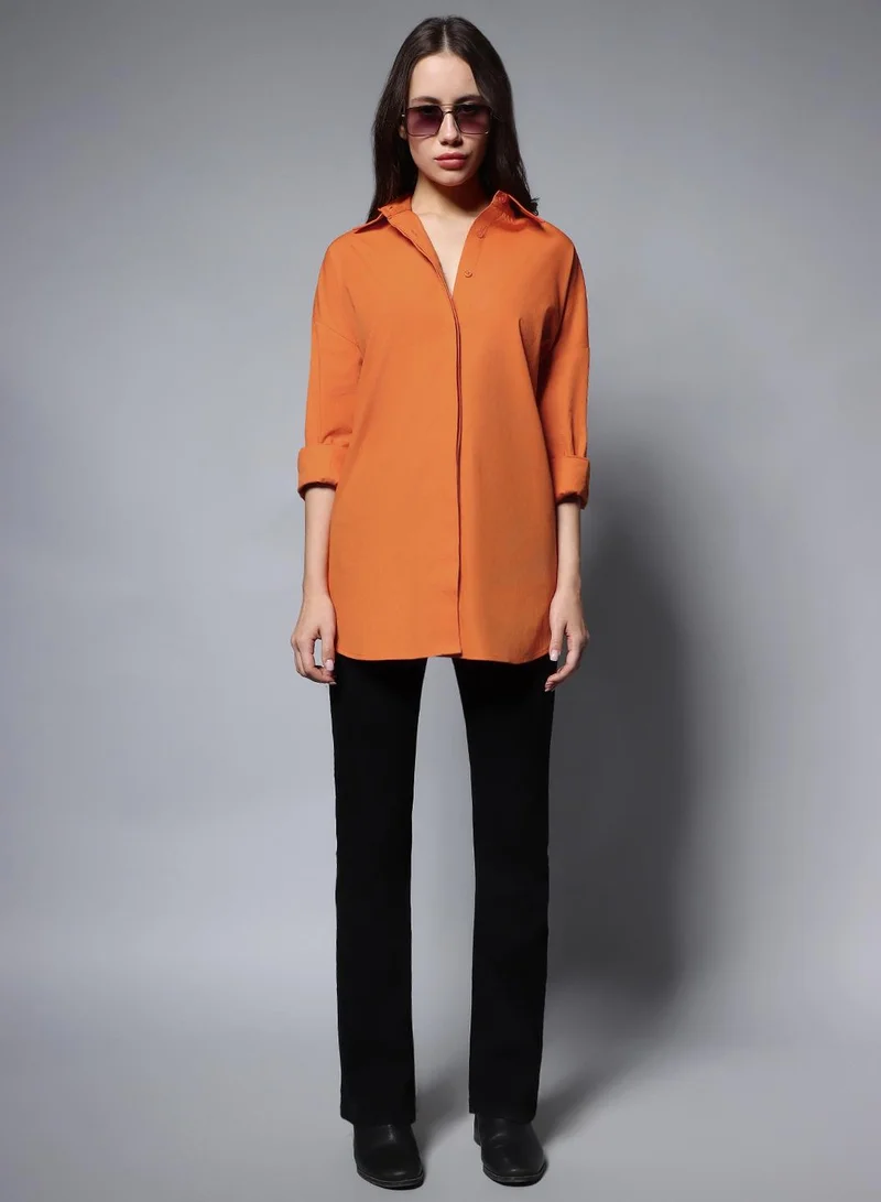 HIGH STAR Orange Oversized Solid Casual Shirt for Women, Full Sleeves, Cotton