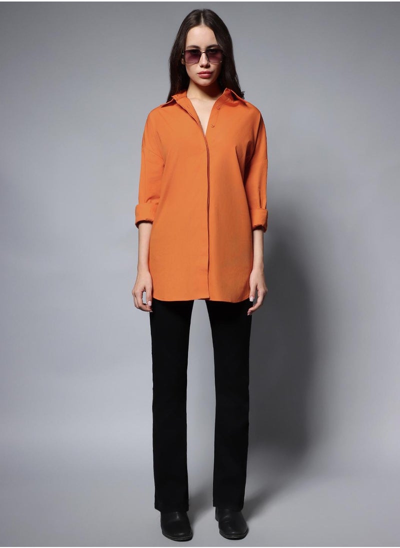 HIGH STAR - Orange Oversized Solid Casual Shirt for Women, Full Sleeves, Cotton - Image 1