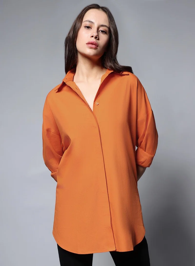 HIGH STAR Orange Oversized Solid Casual Shirt for Women, Full Sleeves, Cotton