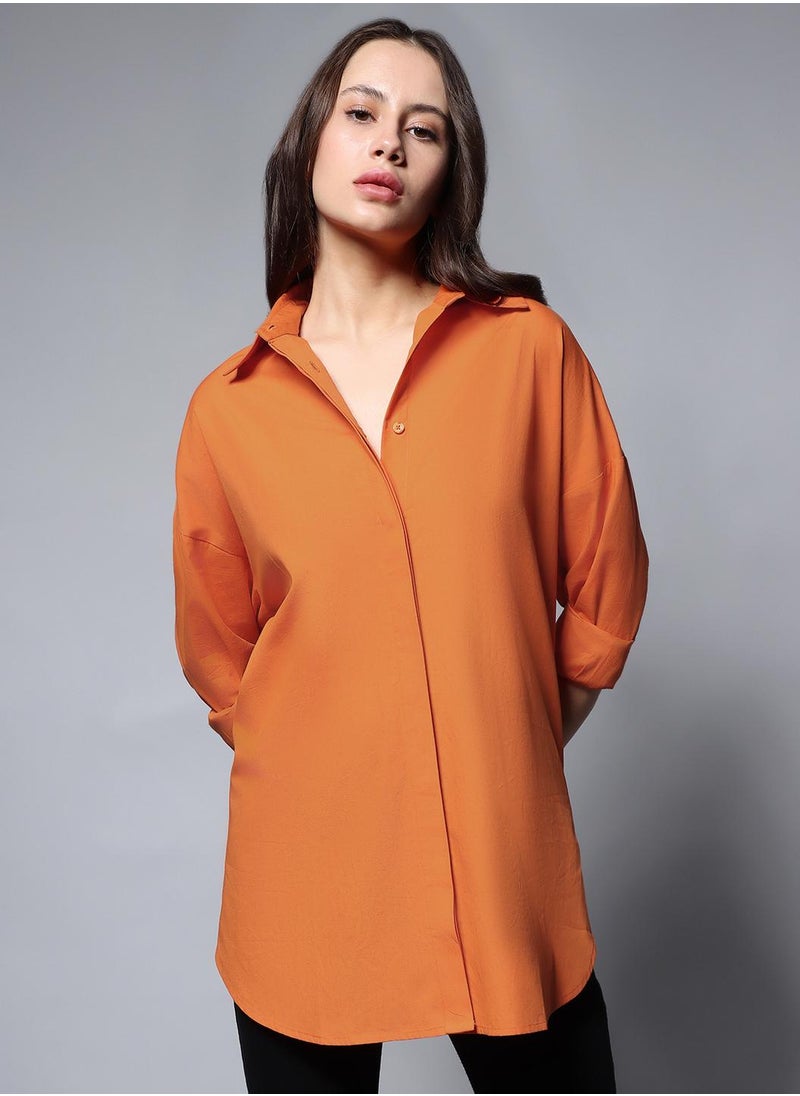 HIGH STAR - Orange Oversized Solid Casual Shirt for Women, Full Sleeves, Cotton - Image 1