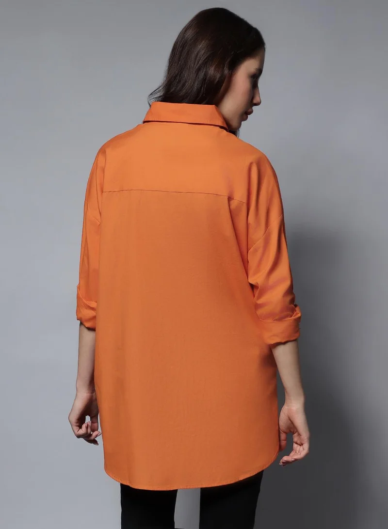 HIGH STAR Orange Oversized Solid Casual Shirt for Women, Full Sleeves, Cotton