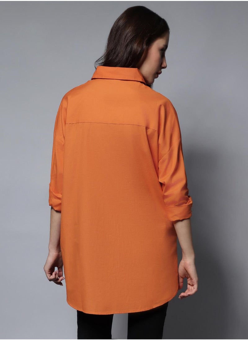 HIGH STAR - Orange Oversized Solid Casual Shirt for Women, Full Sleeves, Cotton - Image 1