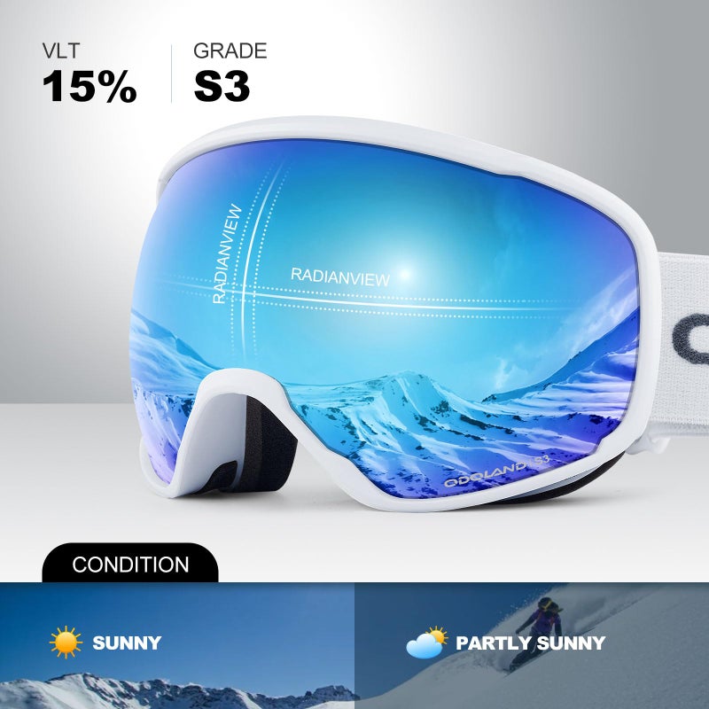 Odoland Snow Ski Goggles S2 Double Lens Anti-Fog OTG Windproof UV400 Eyewear for Men, Women and Youth-Skiing Snowboarding, Mirror REVO Blue vlt 15% - Image 2