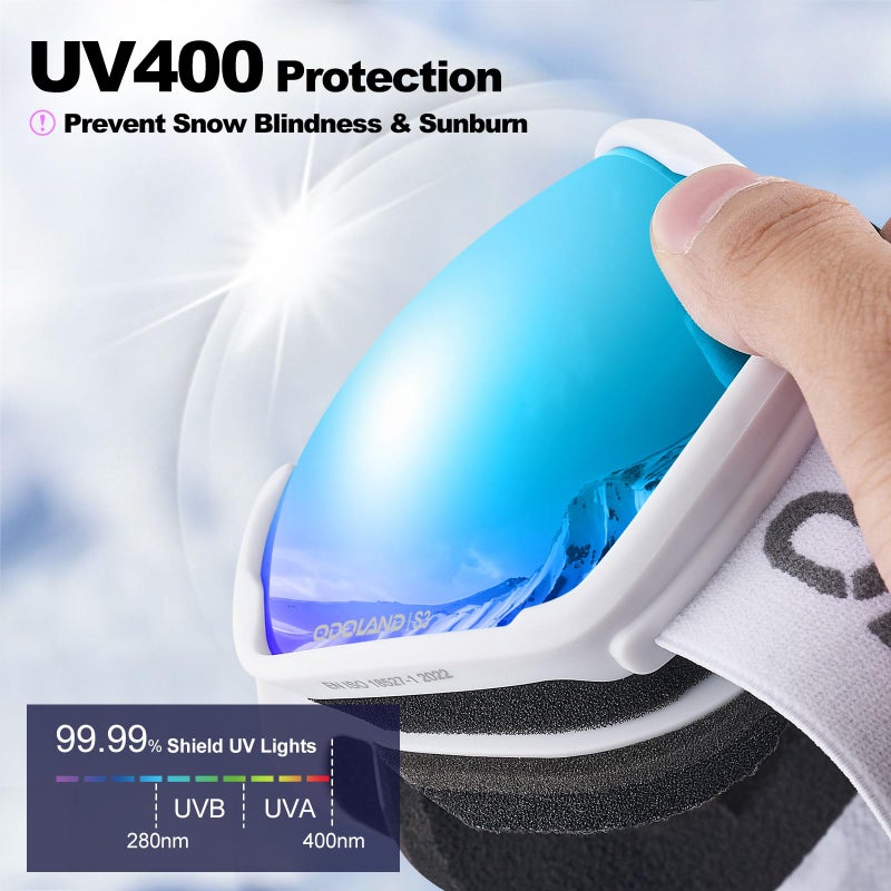 Odoland Snow Ski Goggles S2 Double Lens Anti-Fog OTG Windproof UV400 Eyewear for Men, Women and Youth-Skiing Snowboarding, Mirror REVO Blue vlt 15% - Image 3