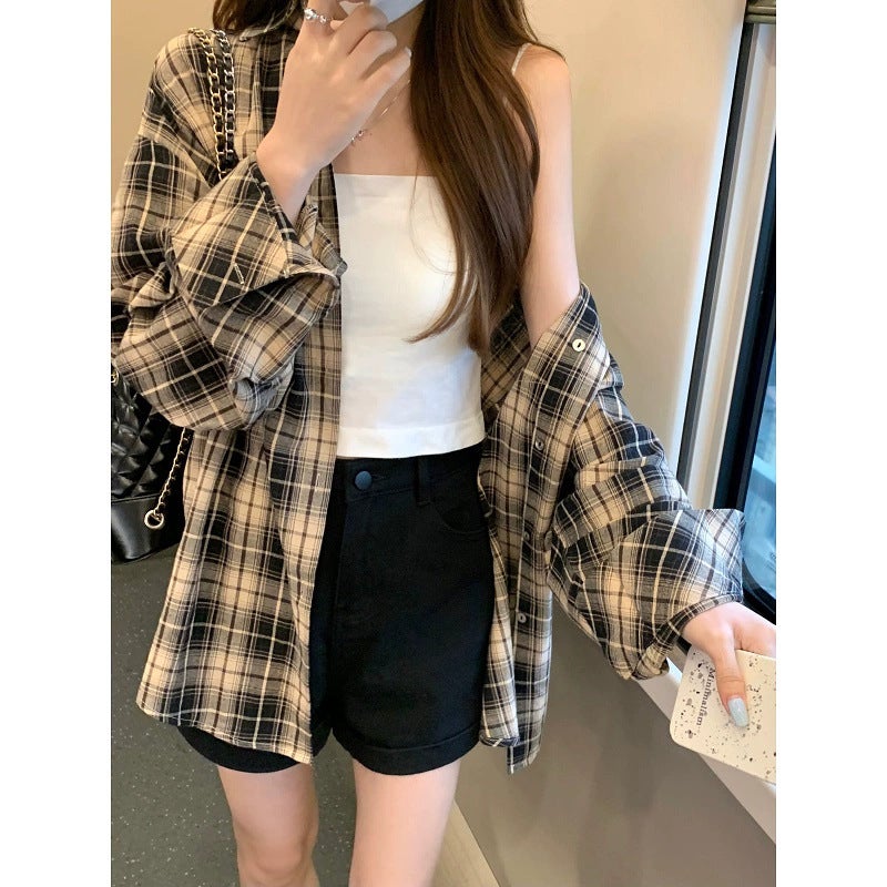 Early autumn retro Hong Kong style Plaid thin shirt 2023 new design top loose lazy style shirt coat Picture color