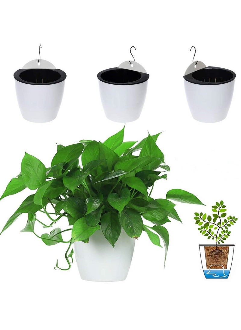 3 Packs 7.5 Inch Wall Mounted White Plastic Hanging Self Watering Planter Pot, for Indoor Plants, Plastic Self-Watering Planter Pots, Wall Mounted Hanging Pots for Herb Succulent Cactus with Hooks - Image 1