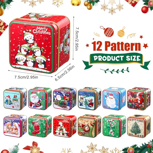 Sosation 12 Pcs Christmas Cookie Tins with Lids Square Candy Tin Set Metal Candy Boxes Containers for Xmas Gift Holiday Party Small Christmas Cookie Jar 12 Style 295 x 295 x 256 InchCute - Image 3