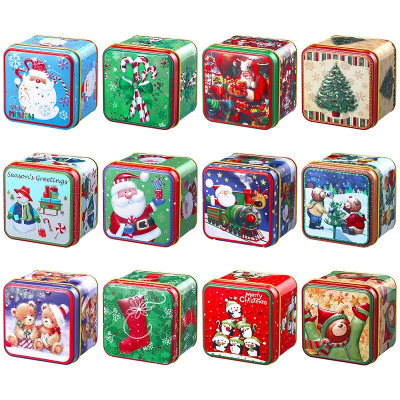 Sosation 12 Pcs Christmas Cookie Tins with Lids Square Candy Tin Set Metal Candy Boxes Containers for Xmas Gift Holiday Party Small Christmas Cookie Jar 12 Style 295 x 295 x 256 InchCute - Image 2