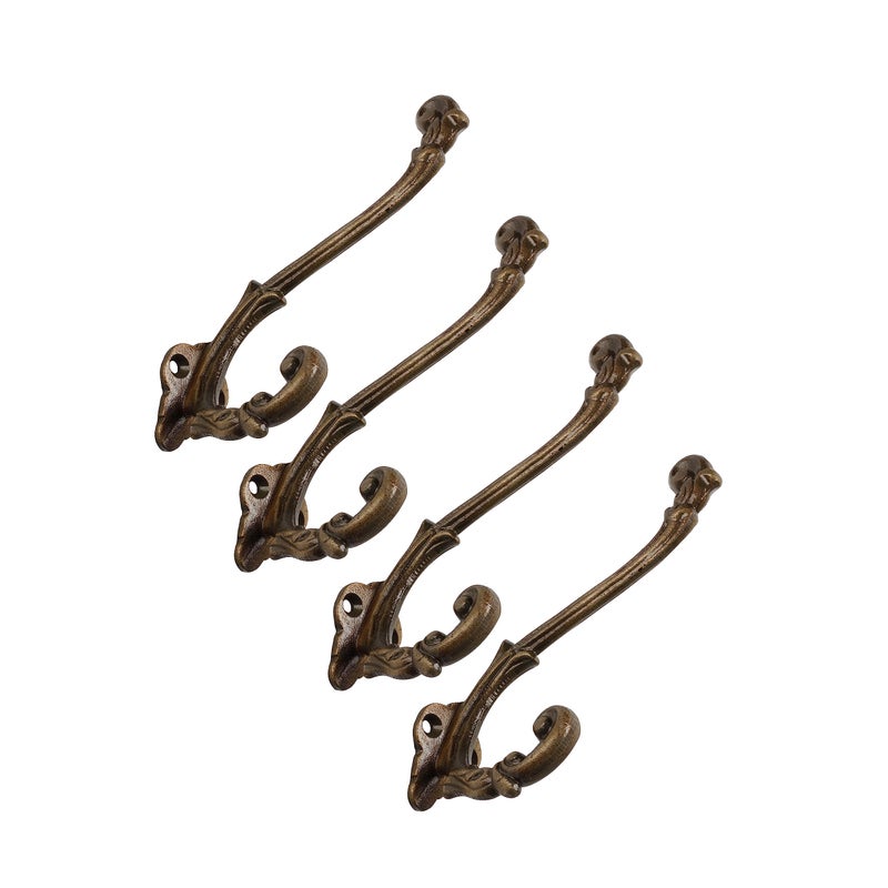 CRAFTSMAN ROAD Vintage Cast Iron Wall Hooks Antique Brass Finish Set of 4  Rustic Farmhouse French Country Coat Hooks  Great for Coats Bags Towels Hats  French Slender