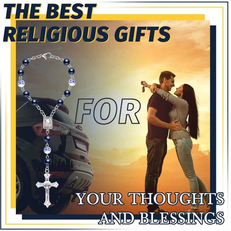 Konohan 2 Pieces Car Rosary Rearview Mirror Auto Rosary Religious Car Mirror Hanging Accessories for Automotive Personalized Protection Charm for Auto Decors(Ceramic,Blue) - Image 5