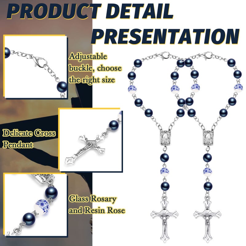 Konohan 2 Pieces Car Rosary Rearview Mirror Auto Rosary Religious Car Mirror Hanging Accessories for Automotive Personalized Protection Charm for Auto Decors(Ceramic,Blue) - Image 3