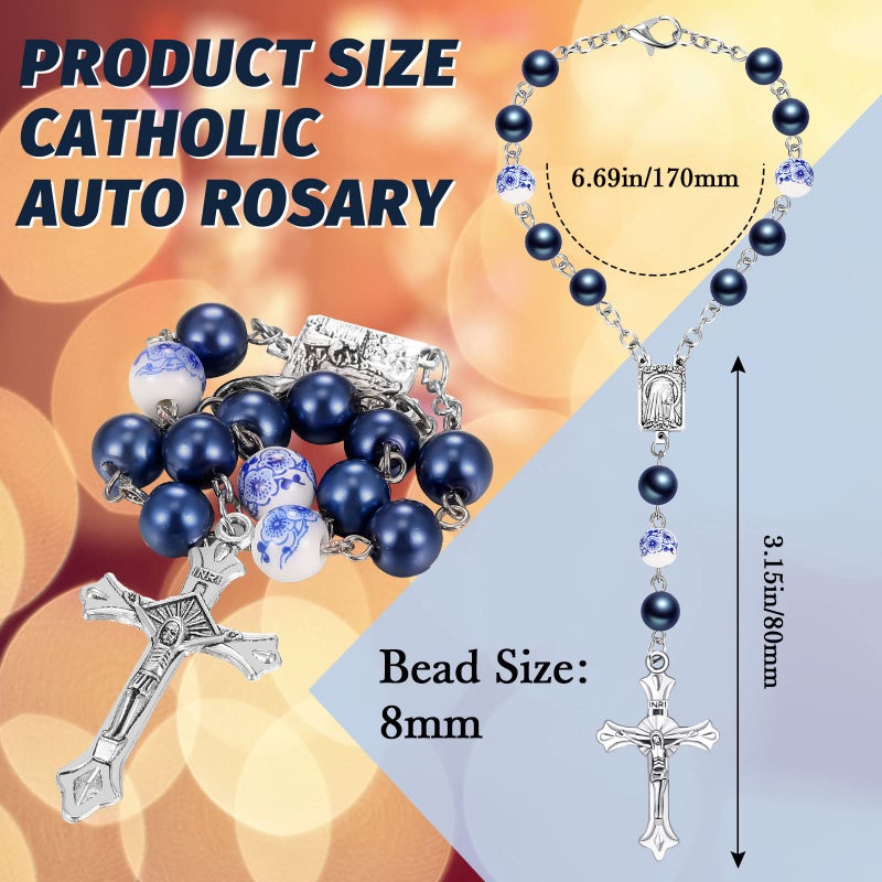 Konohan 2 Pieces Car Rosary Rearview Mirror Auto Rosary Religious Car Mirror Hanging Accessories for Automotive Personalized Protection Charm for Auto Decors(Ceramic,Blue) - Image 2