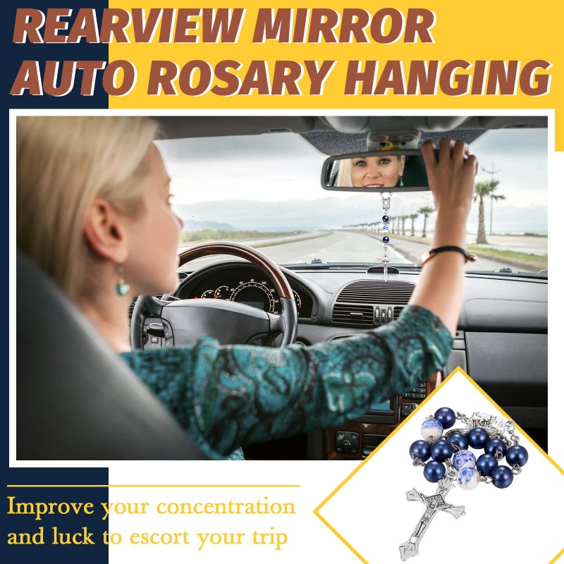 Konohan 2 Pieces Car Rosary Rearview Mirror Auto Rosary Religious Car Mirror Hanging Accessories for Automotive Personalized Protection Charm for Auto Decors(Ceramic,Blue) - Image 4