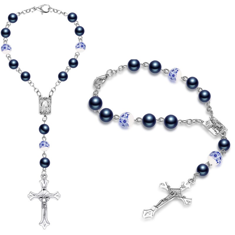 Konohan 2 Pieces Car Rosary Rearview Mirror Auto Rosary Religious Car Mirror Hanging Accessories for Automotive Personalized Protection Charm for Auto Decors(Ceramic,Blue) - Image 1