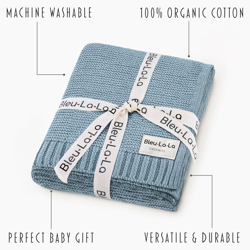 Bleu La La - 100% Organic Cotton Heritage Knit Textured Baby Quilt Blanket for Boys â€“ Signature Heritage Knit, Soft Breathable Newborn Baby Blanket (Heritage - Sky Blue) - Image 3