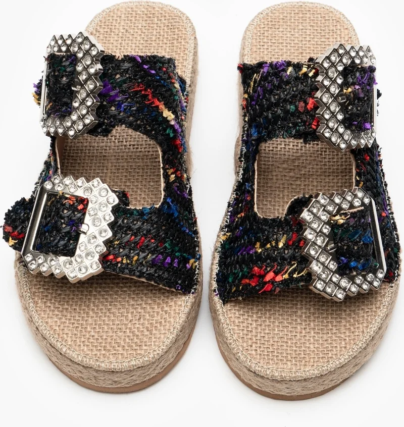 نيشانتاشي شوز Dante Black Colored Straw Stone Detail Flat Sole Women's Slippers