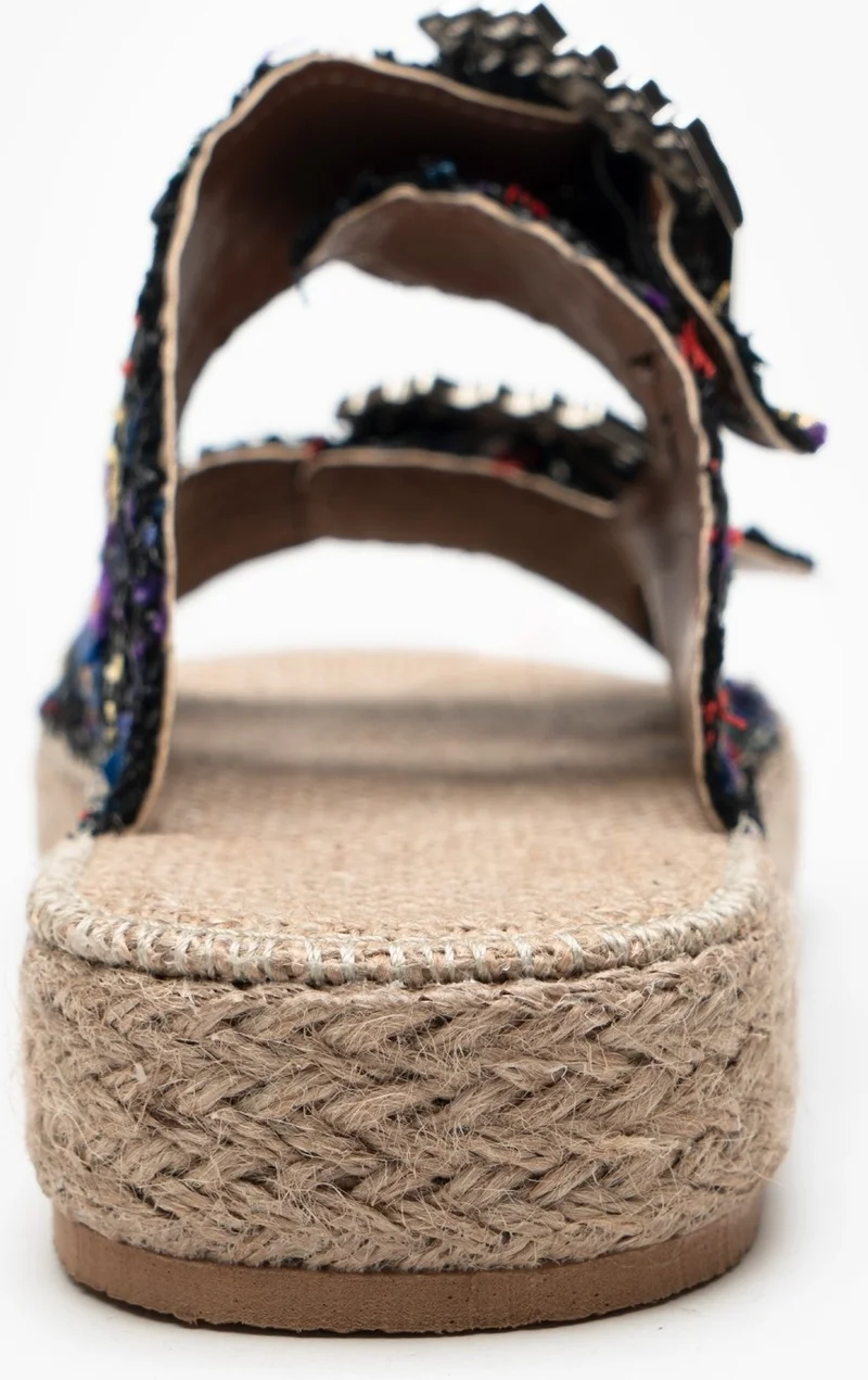 نيشانتاشي شوز Dante Black Colored Straw Stone Detail Flat Sole Women's Slippers