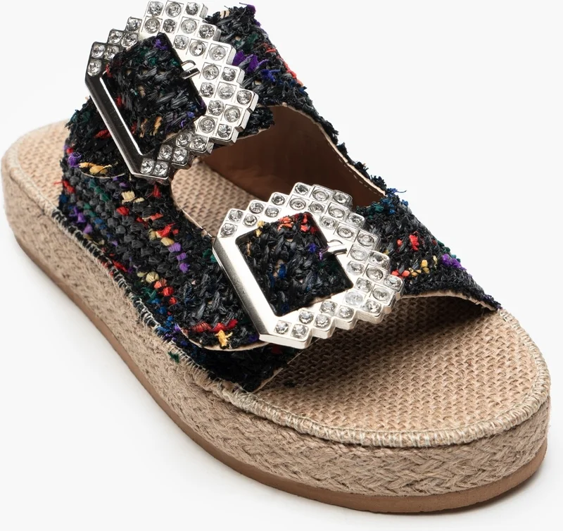 نيشانتاشي شوز Dante Black Colored Straw Stone Detail Flat Sole Women's Slippers