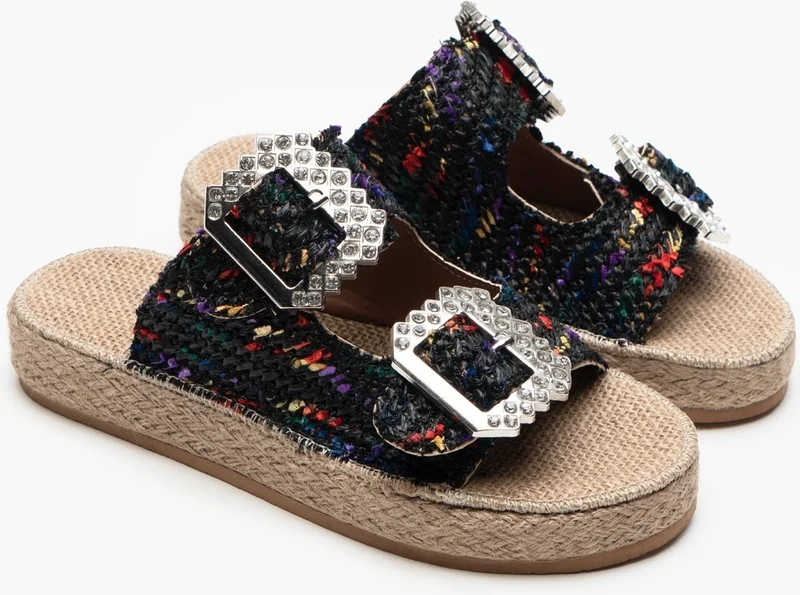 نيشانتاشي شوز Dante Black Colored Straw Stone Detail Flat Sole Women's Slippers