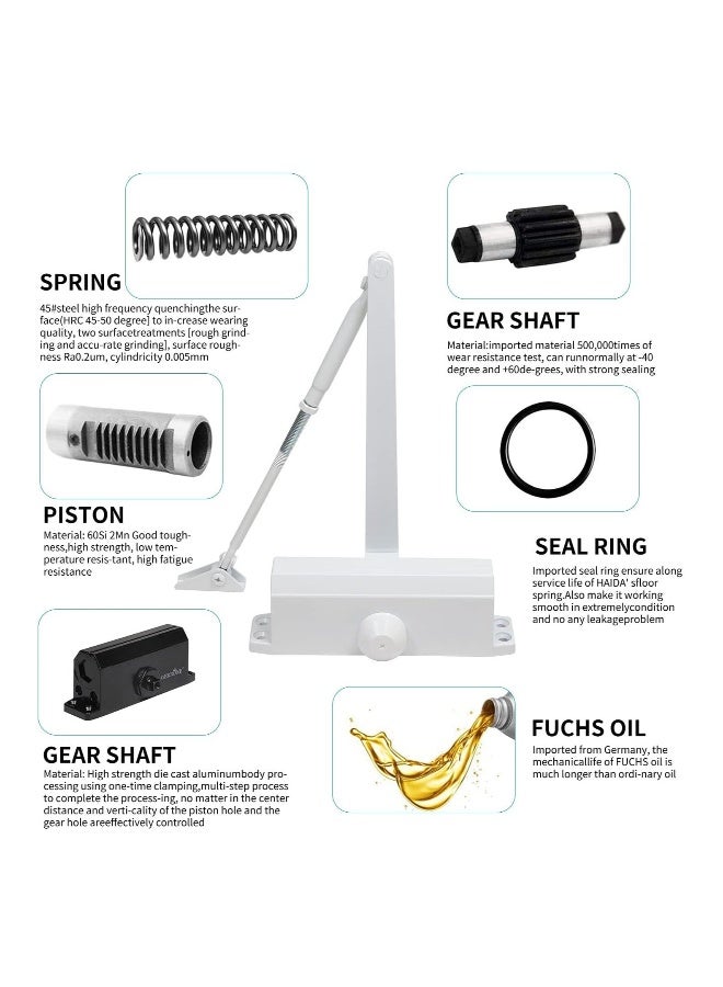Automatic Door Closer Size 5 Suitable for Door Weight 85 105kg Spring Hydraulic Door Closer Aluminum Alloy Material Heavy Duty Easy Installation H 1322 H 1683 H 1883 GK 1883 Size 5 White - Image 2