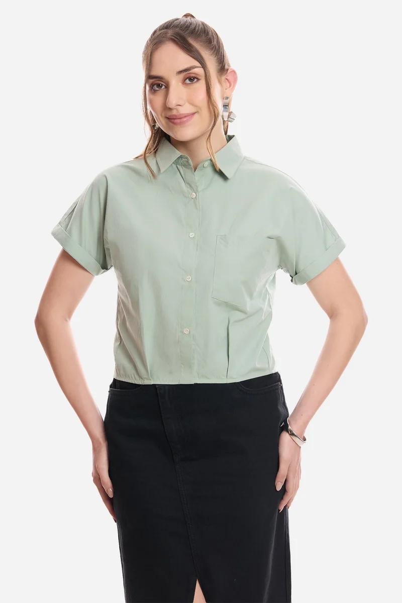 فيرجيو Solid Cotton Striped Crop Shirt for Women