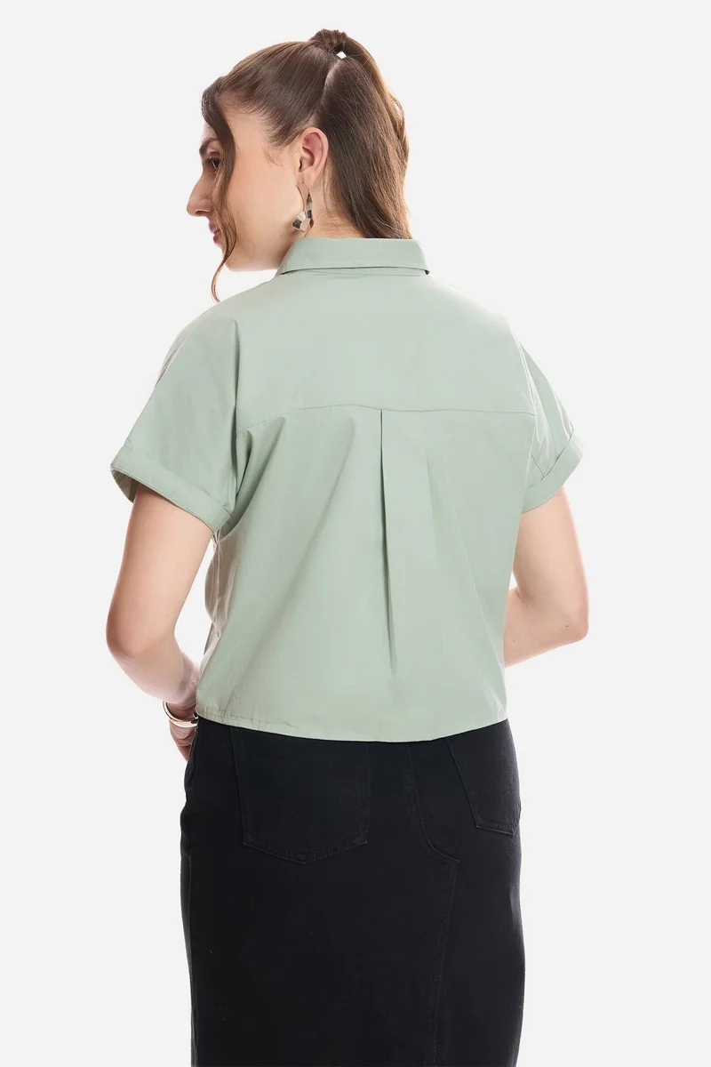 Virgio  Solid Cotton Striped Crop Shirt for Women for Women | Best Price UAE