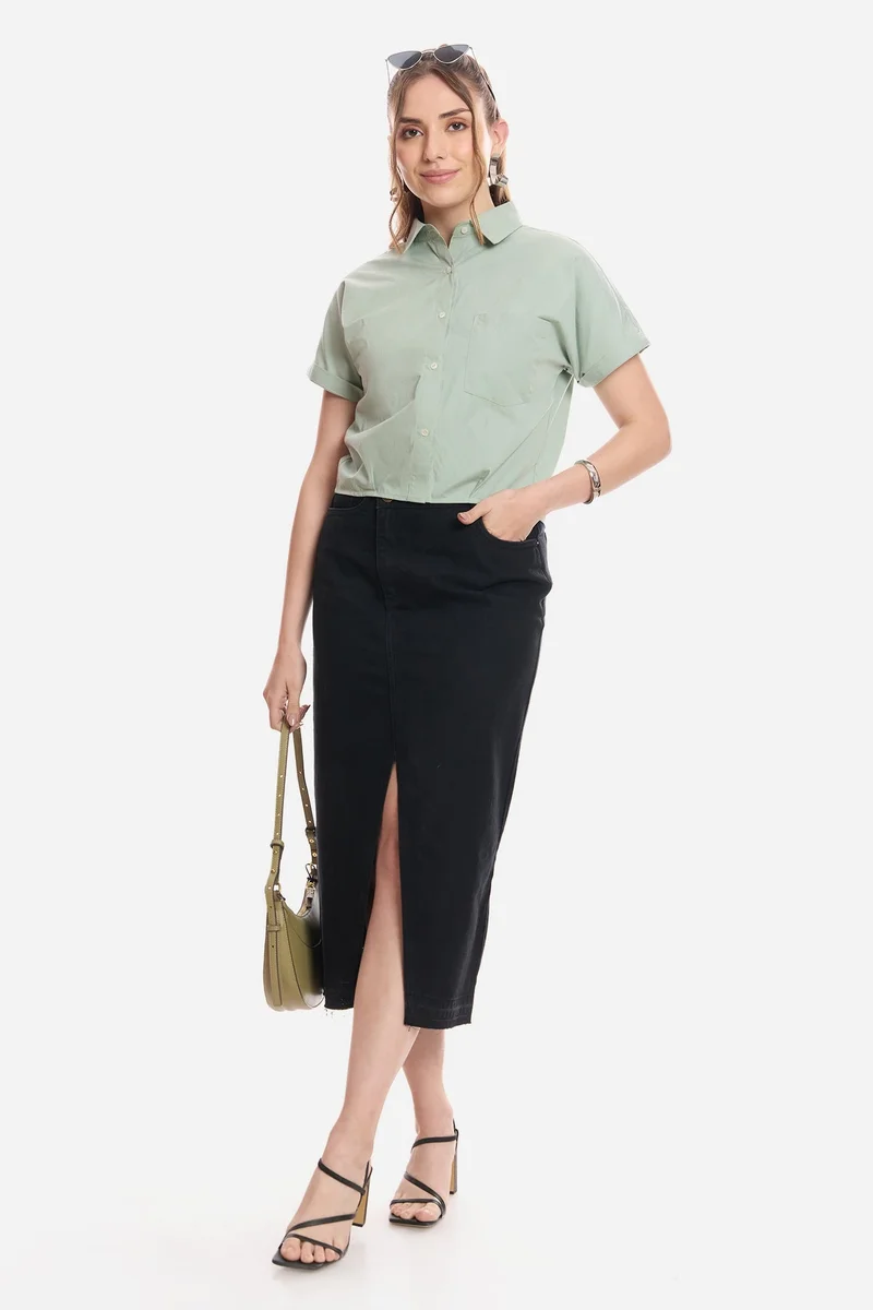 فيرجيو Solid Cotton Striped Crop Shirt for Women