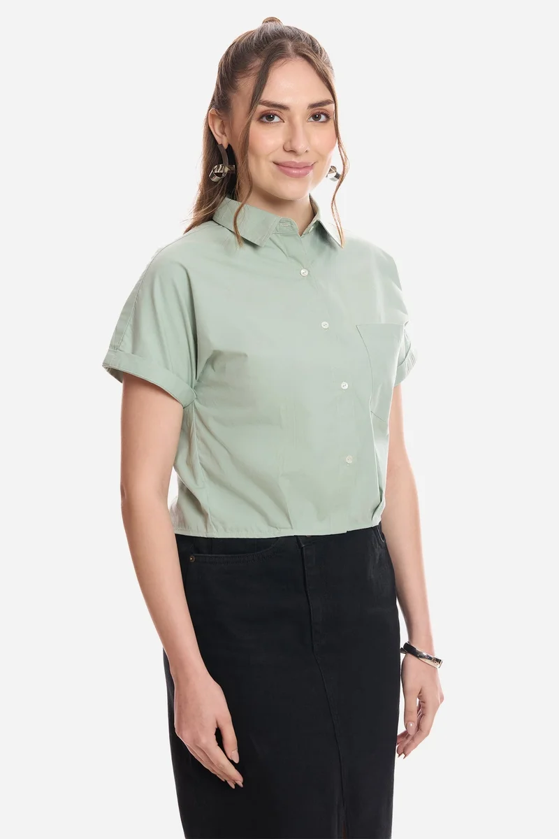 Virgio  Solid Cotton Striped Crop Shirt for Women for Women | Best Price UAE