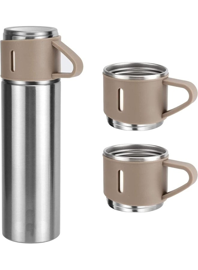 500ml Stainless Steel Vacuum Thermos flask with Silicone Handle and Insulated Water bottle with 2 stainless steel cups set for Hot and Cold Outdoor travel Gift box (2 PACK, SILVER BEIGE)
