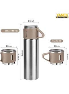 YANEK YANEK 500ml Stainless Steel Vacuum Thermos flask with Silicone Handle and Insulated Water bottle with 2 stainless steel cups set for Hot and Cold Outdoor travel | Gift box (2 PACK, SILVER BEIGE)  - Image 2