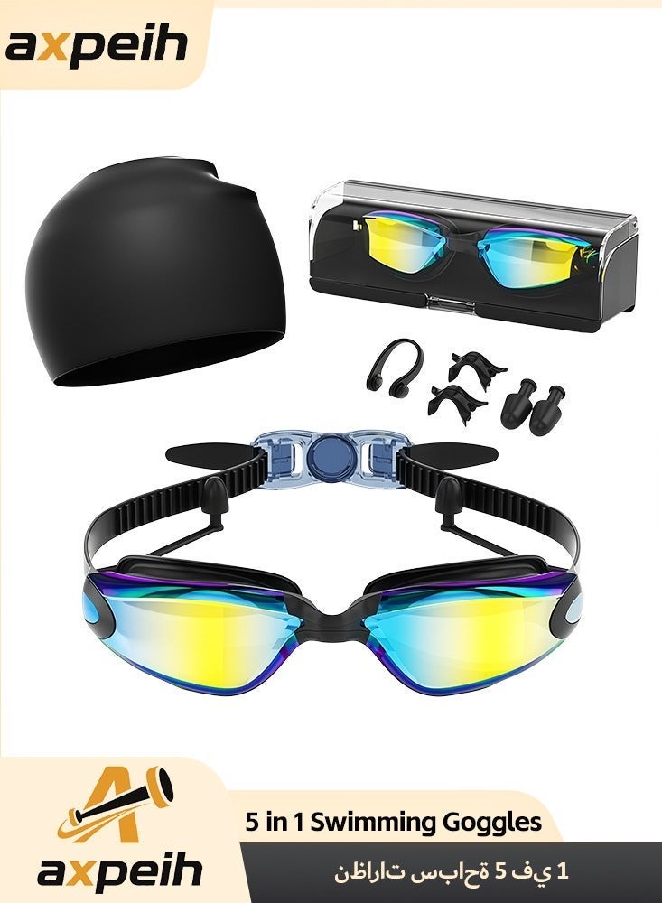 أكسبيه 5 في 1 نظارات سباحة مضادة للضباب -مجموعة النظارات الواقية مع غطاء سباحة، سدادات الأذن، مشبك الأنف، نظارات مقاومة للتسرّب -نظارات سباحة مقاومة للماء يمكن أن تحجب الأشعة فوق البنفسجية بفعالية -مناسبة للرجال والنساء (الأسود) - Image 1