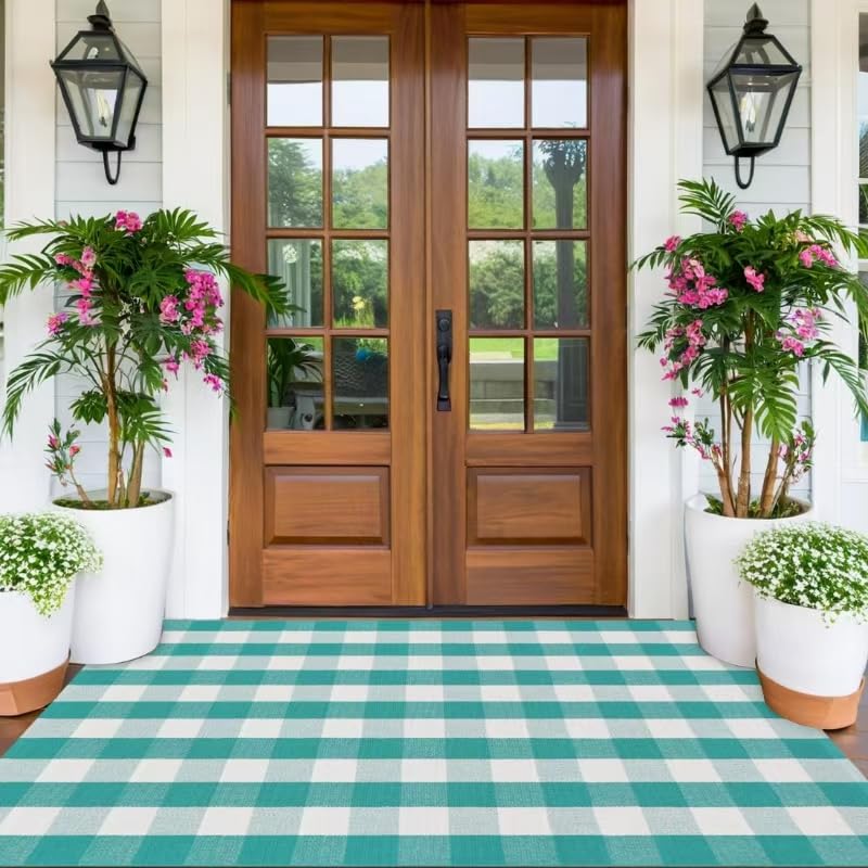 Fallovea Spring Rugs Green and White Plaid, 4'x6' Area Rug Outdoor Indoor Summer Front Porch Door Mats Cotton Hand-Woven Layered Doormat for Entryway Patio Entryway Laundry Bedroom Living Room - Image 1