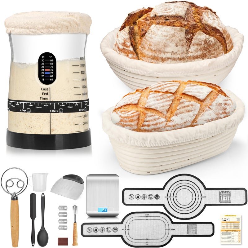 Coco Bird Pro Sourdough Starter Kit- 50oz Large Capacity Sourdough Starter Jar,17 Flavor Recipes,2 Bread Proofing Baskets,Food Scale,Bench Scraper,Bread Lame,Complete Sourdough Bread Baking Supplies - Image 1
