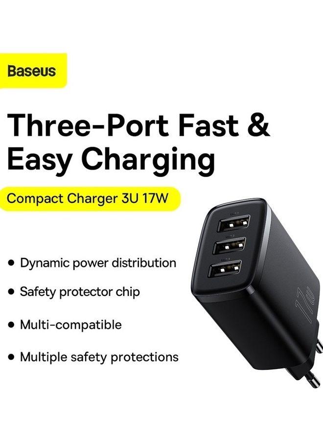 بيسوس شاحن حائط USB-A، محول شاحن USB 3-Port 17W لجهاز iPhone 14/13/12/11/Pro/Pro Max/Mini، iPad Pro، Samsung Galaxy S21، Google Pixel 6، قابس EU أسود - Image 2