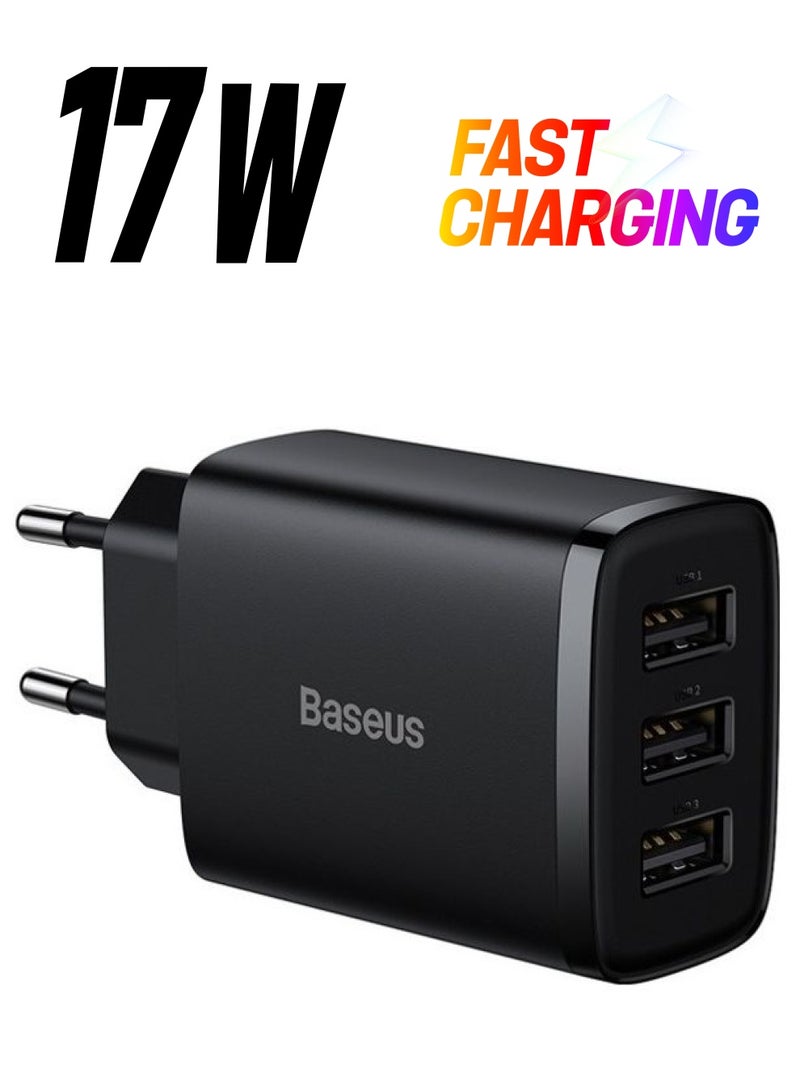 بيسوس شاحن حائط USB-A، محول شاحن USB 3-Port 17W لجهاز iPhone 14/13/12/11/Pro/Pro Max/Mini، iPad Pro، Samsung Galaxy S21، Google Pixel 6، قابس EU أسود - Image 1