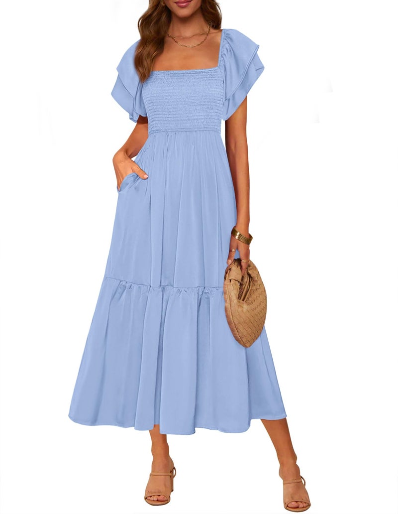 MASCOMODA Womens Summer Casual Midi Dress Square Neck Ruffle Short Sleeve Smocked High Waist A Line Wedding Guest Dresses(Light Blue,Large) - Image 1