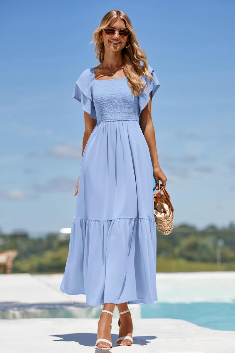 MASCOMODA Womens Summer Casual Midi Dress Square Neck Ruffle Short Sleeve Smocked High Waist A Line Wedding Guest Dresses(Light Blue,Large) - Image 4