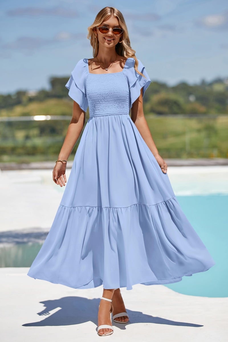MASCOMODA Womens Summer Casual Midi Dress Square Neck Ruffle Short Sleeve Smocked High Waist A Line Wedding Guest Dresses(Light Blue,Large) - Image 5