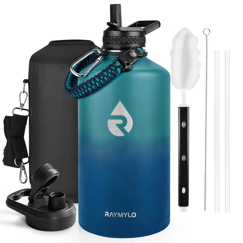 RAYMYLO One Gallon Water Bottle Insulated Triple Walled Vacuum Stainless Steel Cold for 48 Hrs Leak Proof NonBPA Large Water Flask Jug with Paracord Handle Straw Spout Lids