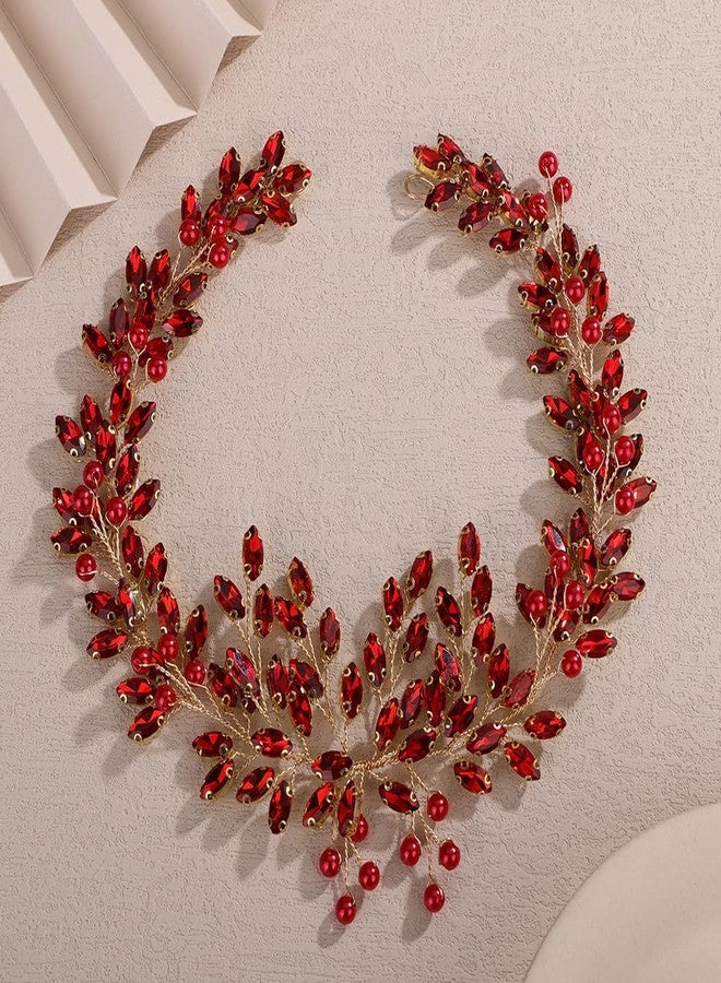 Rumtock Red Rhinestones Beads Headband for Women Wedding Bridal Gold Hair Accessories Vintage Sparkle Handmade Jewelry (Red, One Size) - Image 1