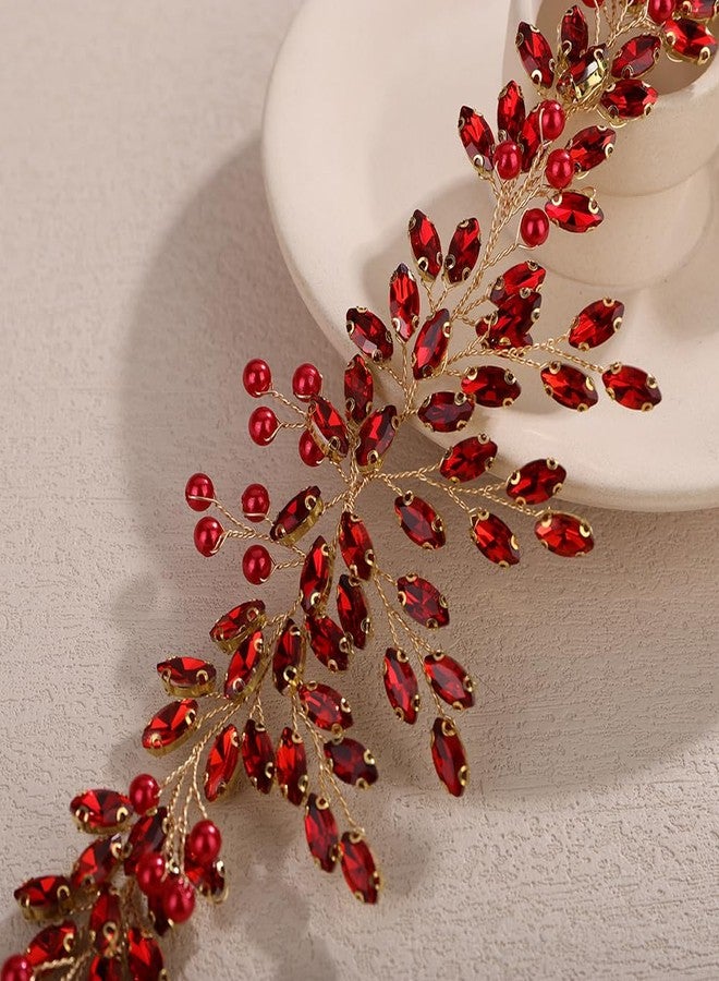 Rumtock Red Rhinestones Beads Headband for Women Wedding Bridal Gold Hair Accessories Vintage Sparkle Handmade Jewelry (Red, One Size) - Image 4