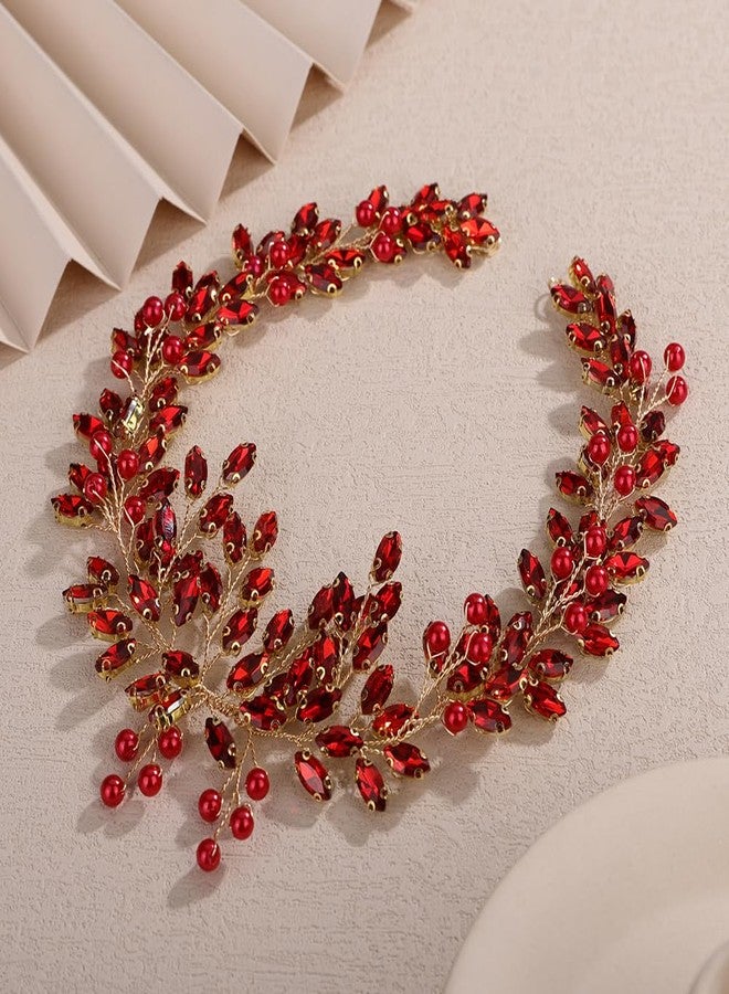 Rumtock Red Rhinestones Beads Headband for Women Wedding Bridal Gold Hair Accessories Vintage Sparkle Handmade Jewelry (Red, One Size) - Image 2