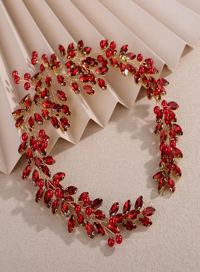Rumtock Red Rhinestones Beads Headband for Women Wedding Bridal Gold Hair Accessories Vintage Sparkle Handmade Jewelry (Red, One Size) - Image 3